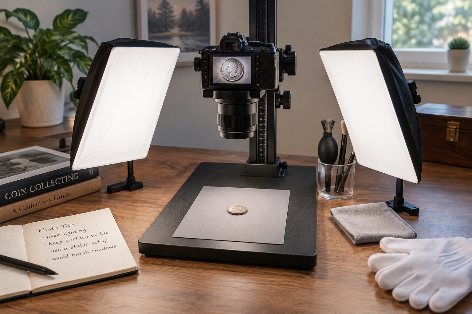 Single silver coin on neutral support, copy stand camera and two diffused lights