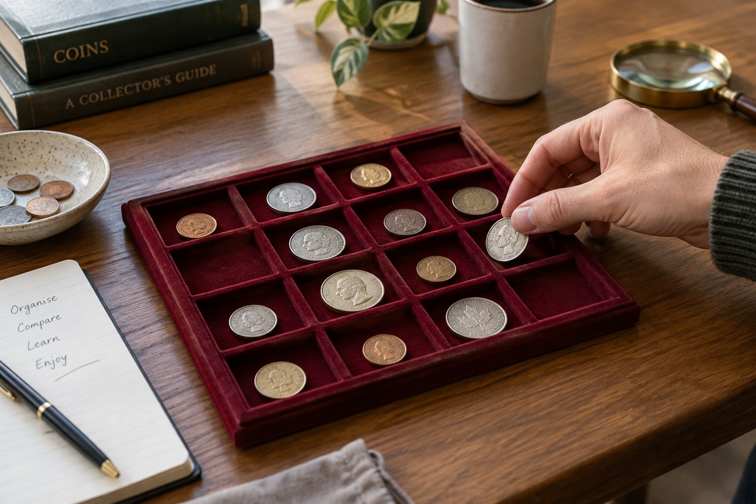 Burgundy velvet compartment tray containing separated coins and empty spaces