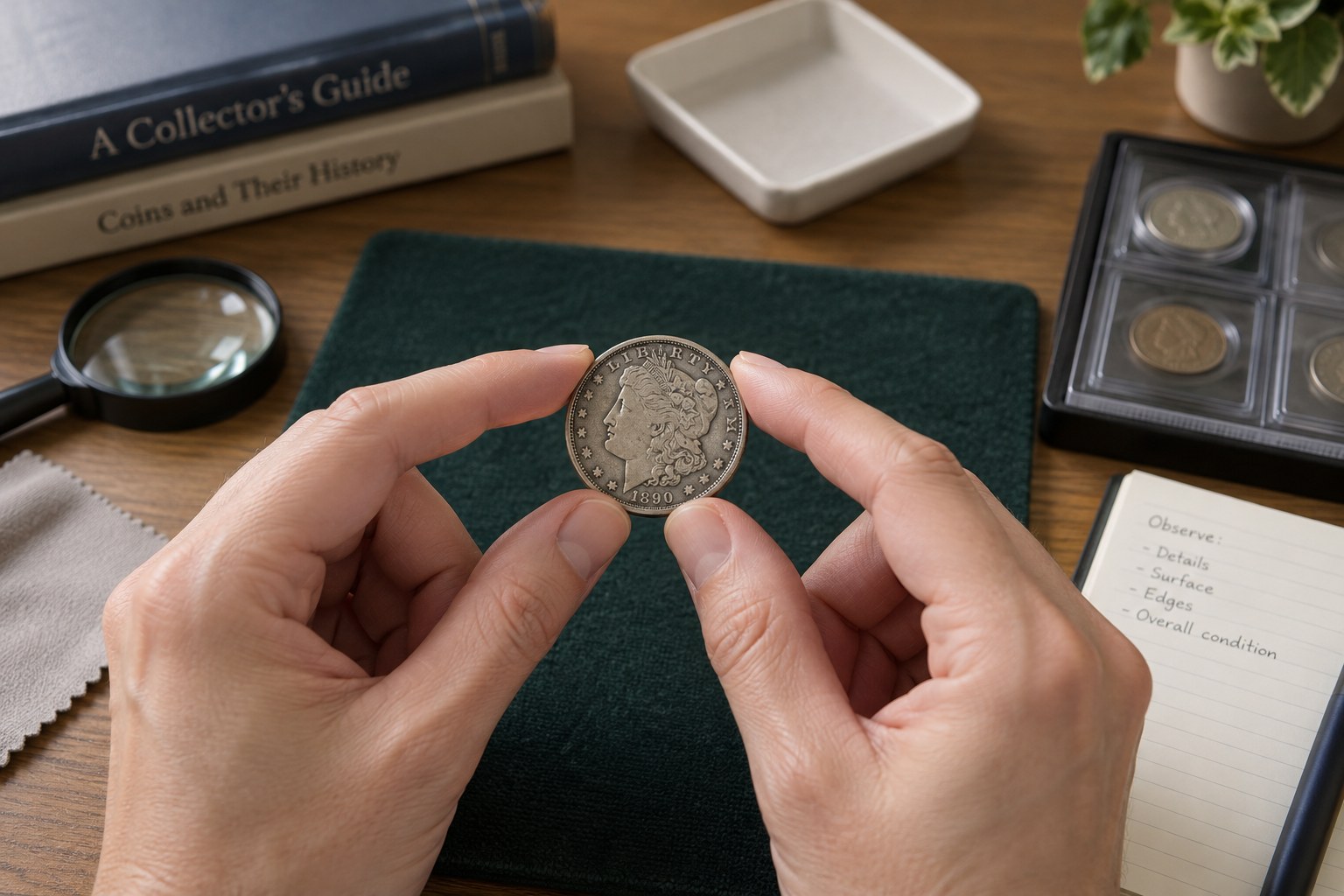 Clean dry fingertips holding a coin only at opposite edges over padded mat