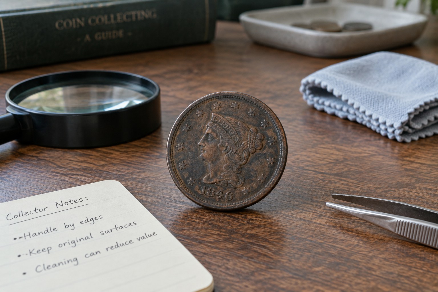 Macro aged copper coin with natural patina, unused folded polishing cloth far away