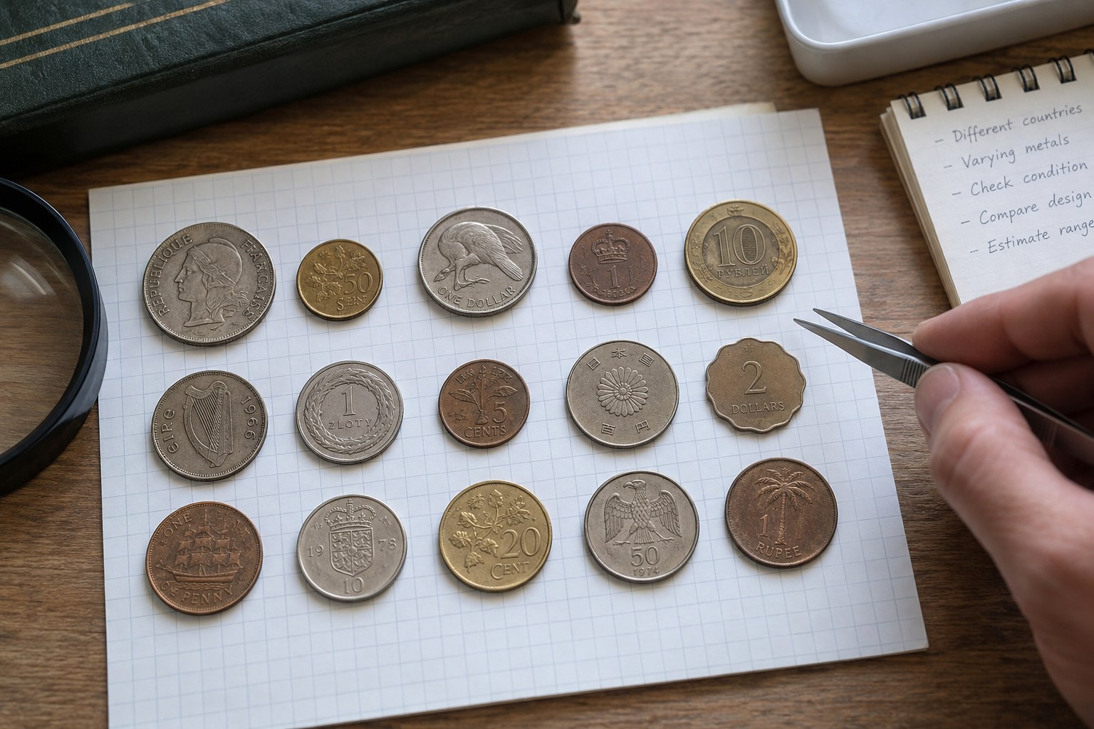 Fifteen world coins separately laid out without overlap on grid paper