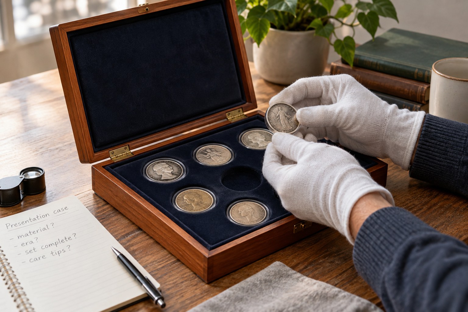 Open wooden presentation case with padded circular coin recesses, visible hinge