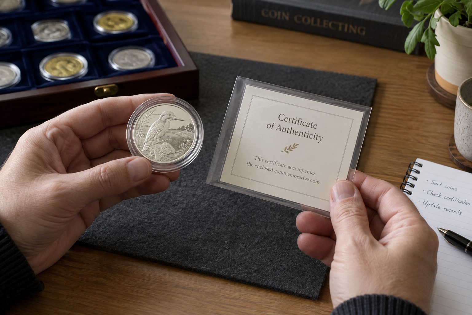 Encapsulated commemorative coin paired with generic certificate in separate sleeve