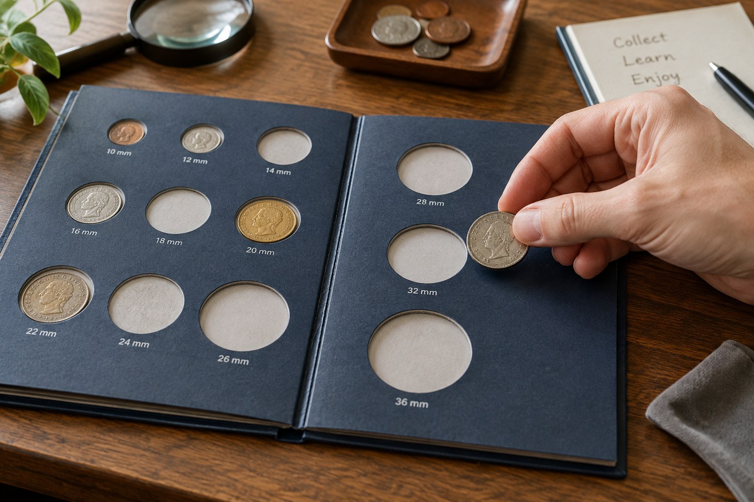 Open coin album with different round openings, coin beside empty appropriate opening
