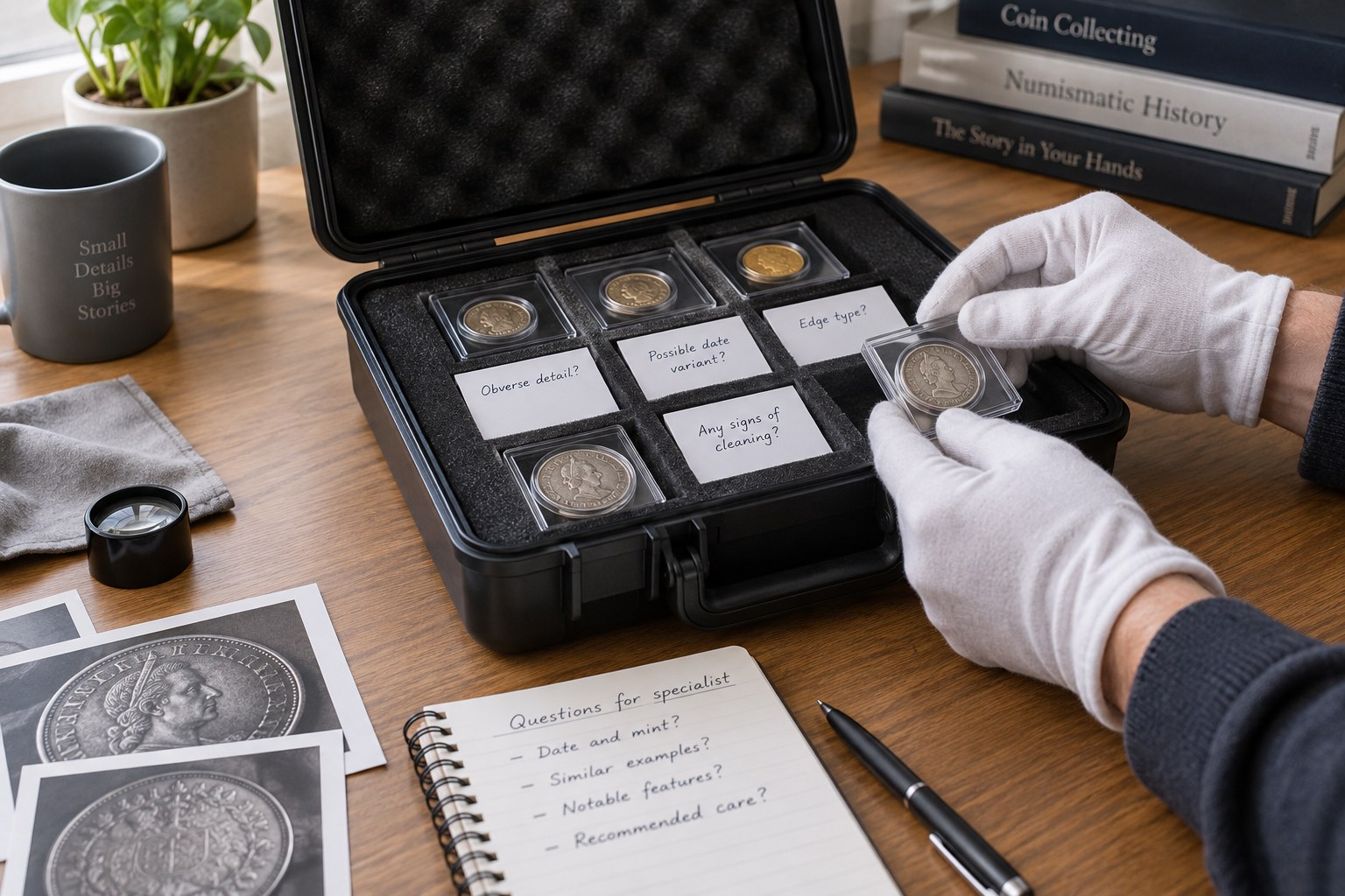 Protected coins with photographs and question cards in consultation transport box