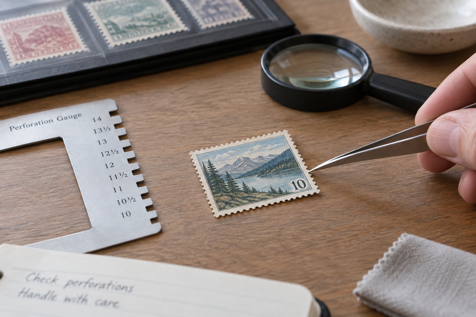 Macro intact stamp perforations beside perforation gauge, no pressure on stamp