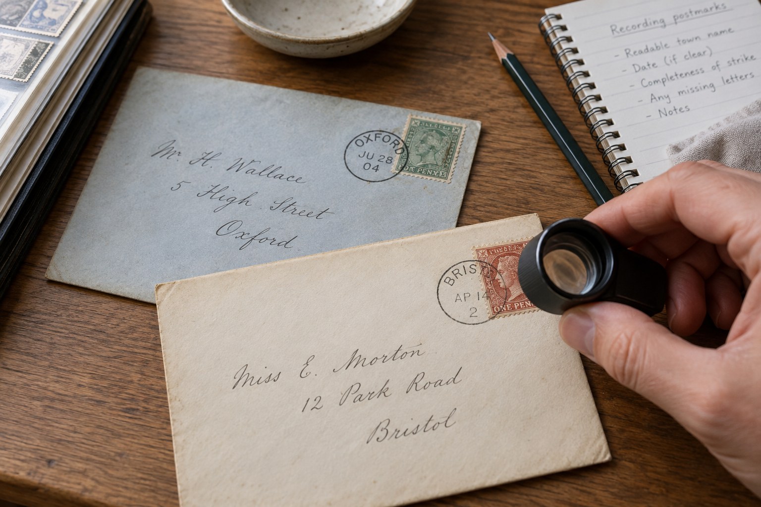 Two vintage covers with clear and incomplete circular postmarks beside loupe