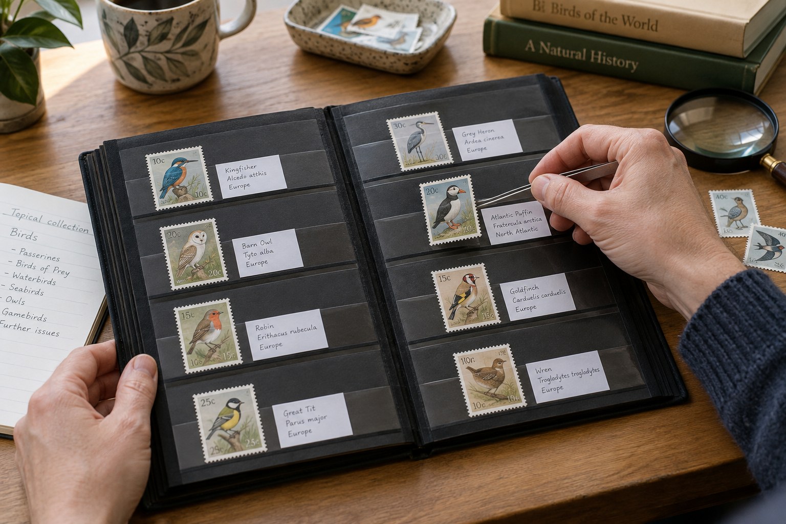 Bird-themed stamps in black stockbook strips with separate identification slips