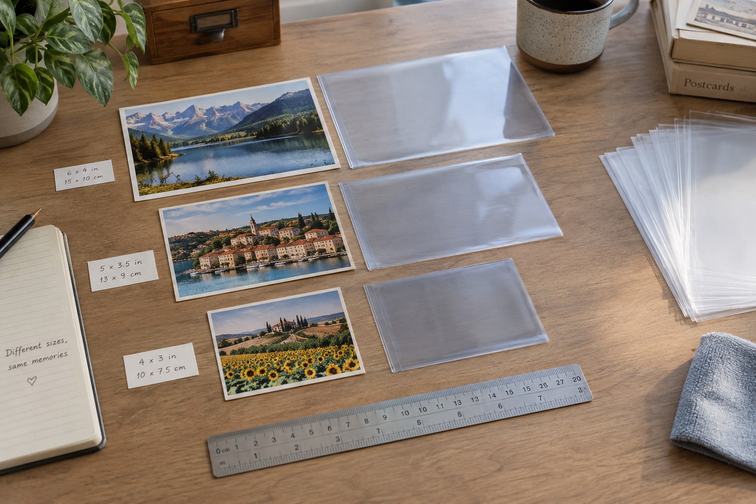Different size landscape postcards beside larger clear sleeves and ruler