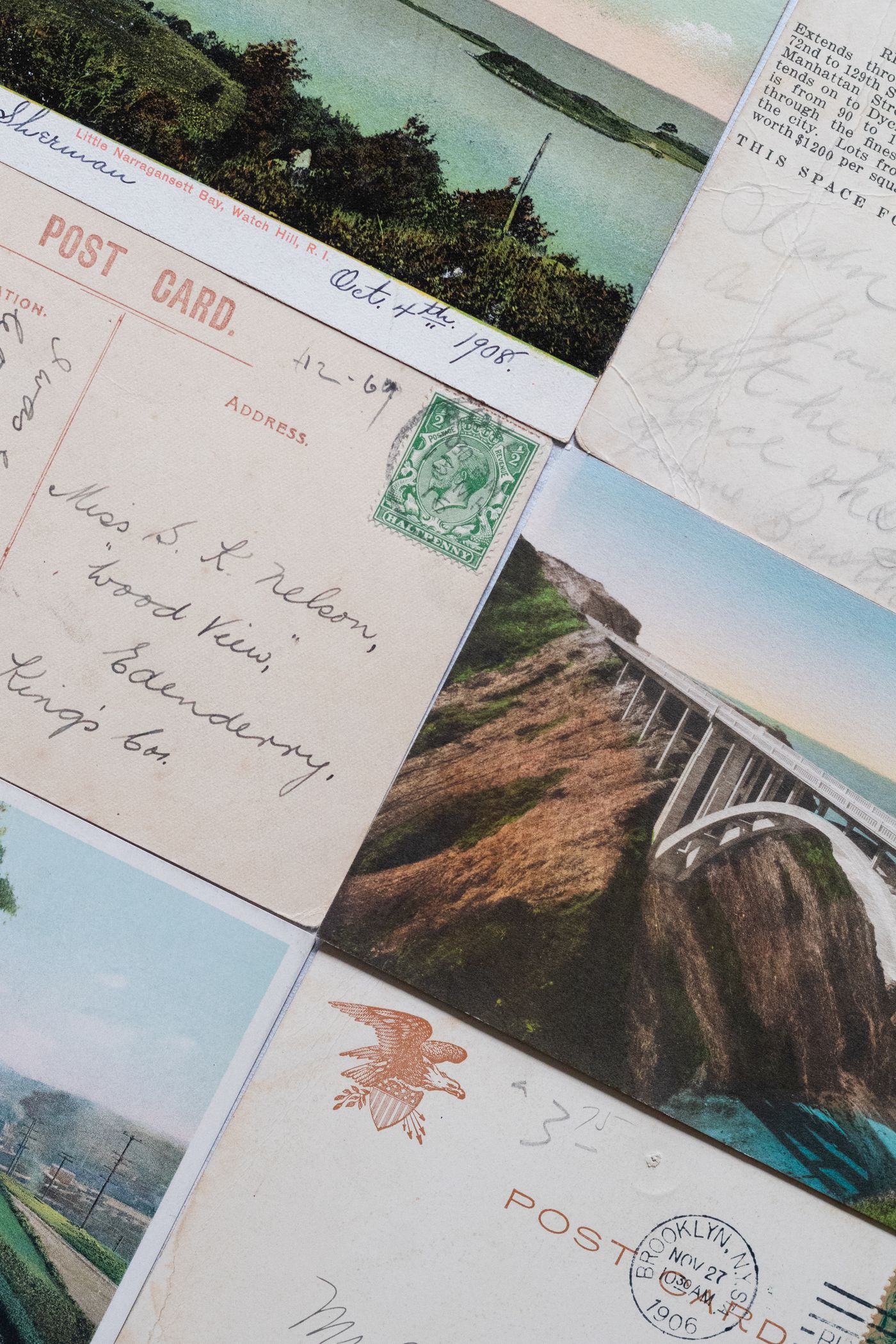 Vintage postcards with handwritten messages and postmarks
