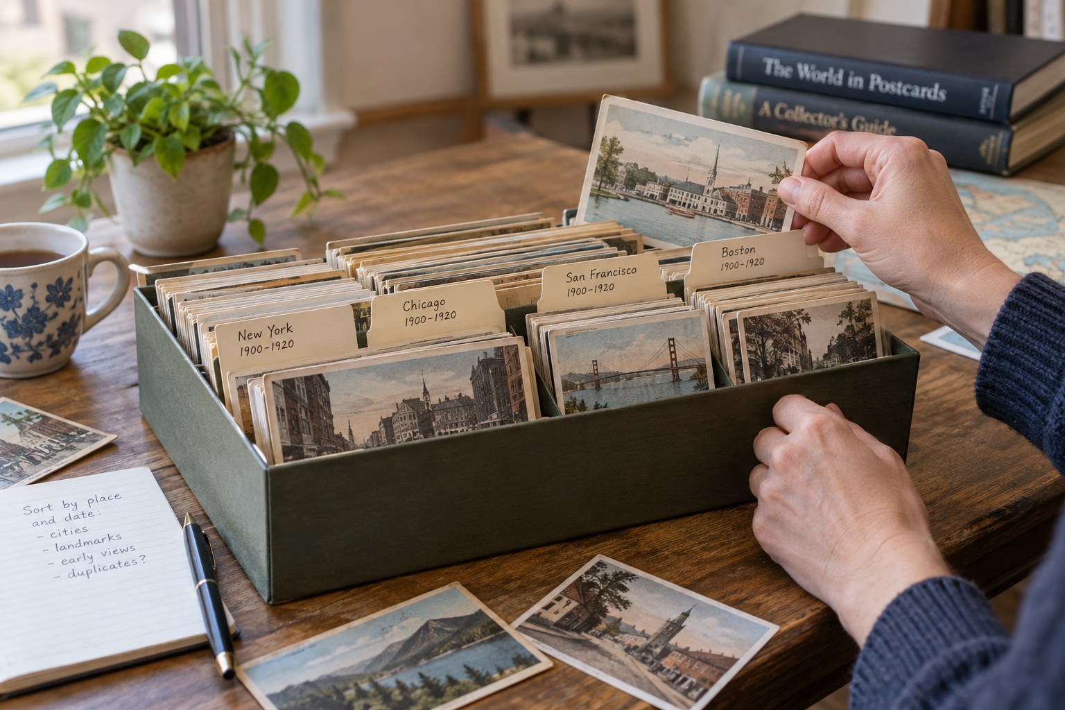 Archival postcard box with upright place/date dividers and town views