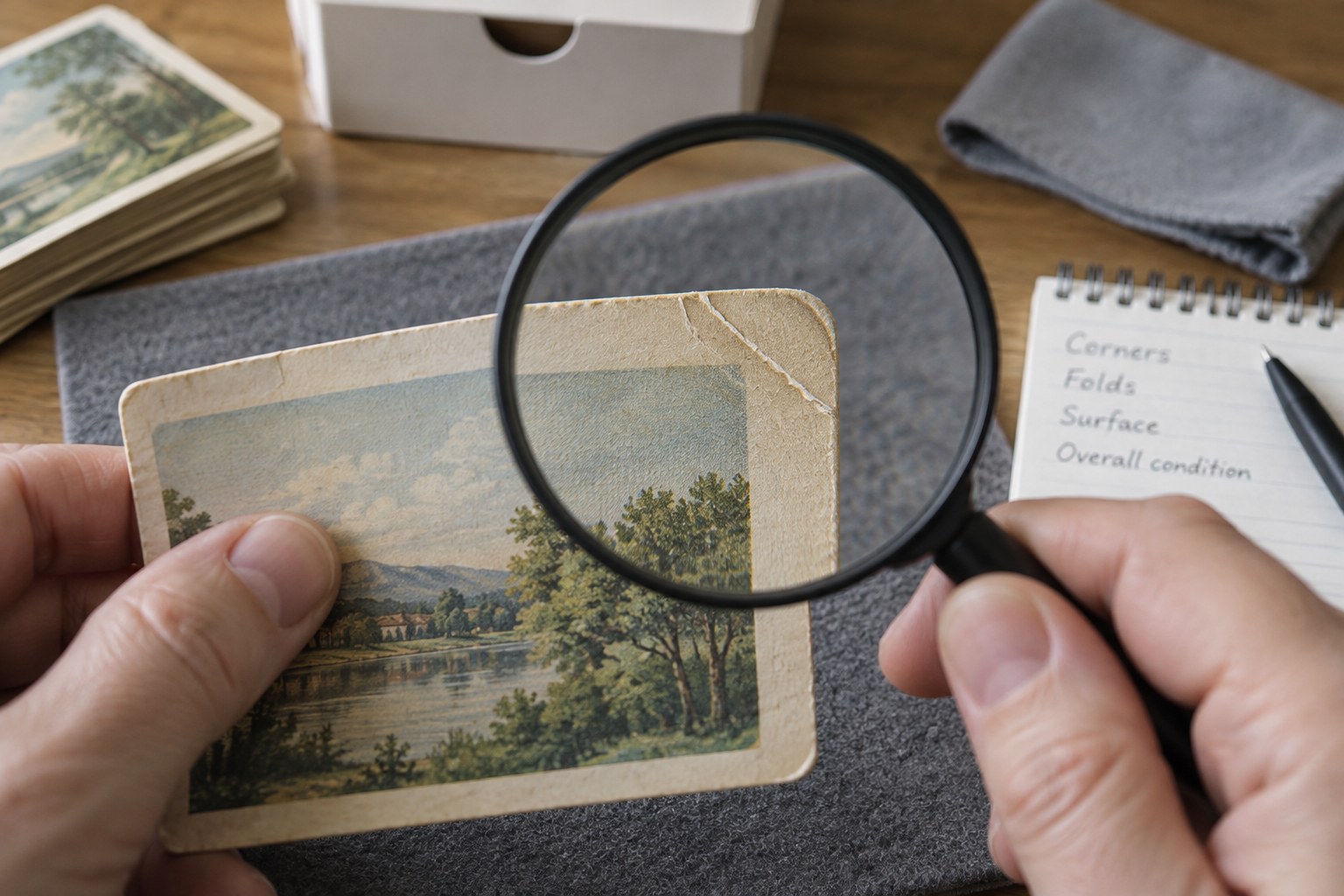 Macro old paper card corner with crease and rounded edge on support
