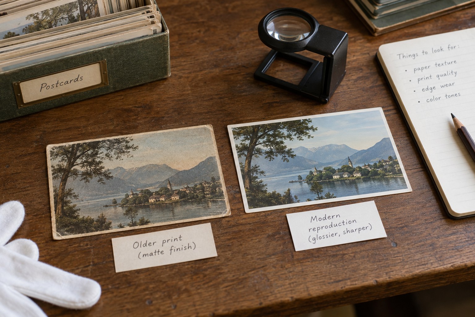 Old matte landscape postcard beside modern reproduction and loupe