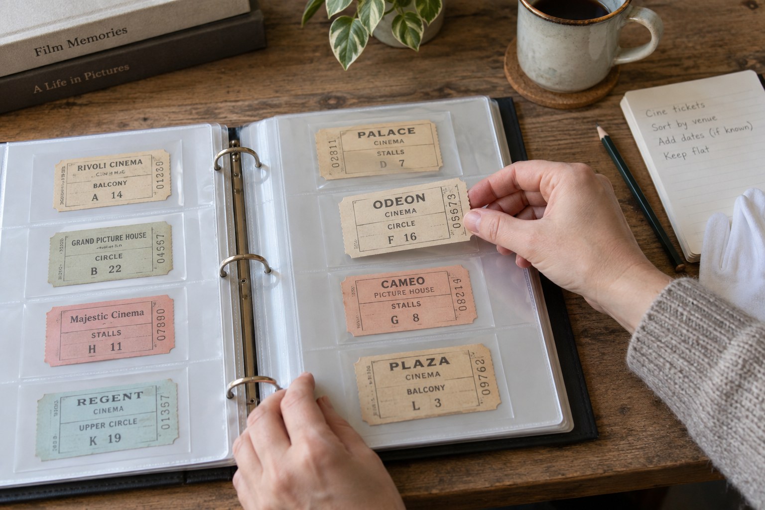Vintage cinema tickets separately held in clear pockets on archival backing