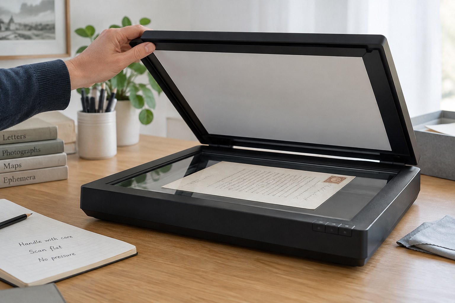 Open flatbed scanner with flat document on glass and lid raised without pressure