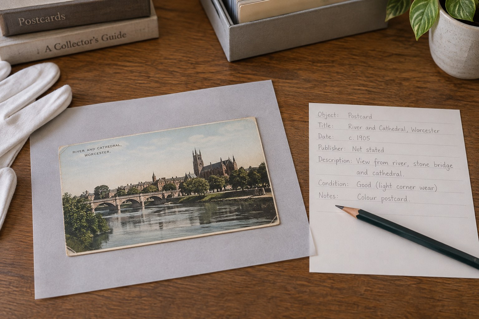 Historic postcard on support sheet beside separate record card and pencil