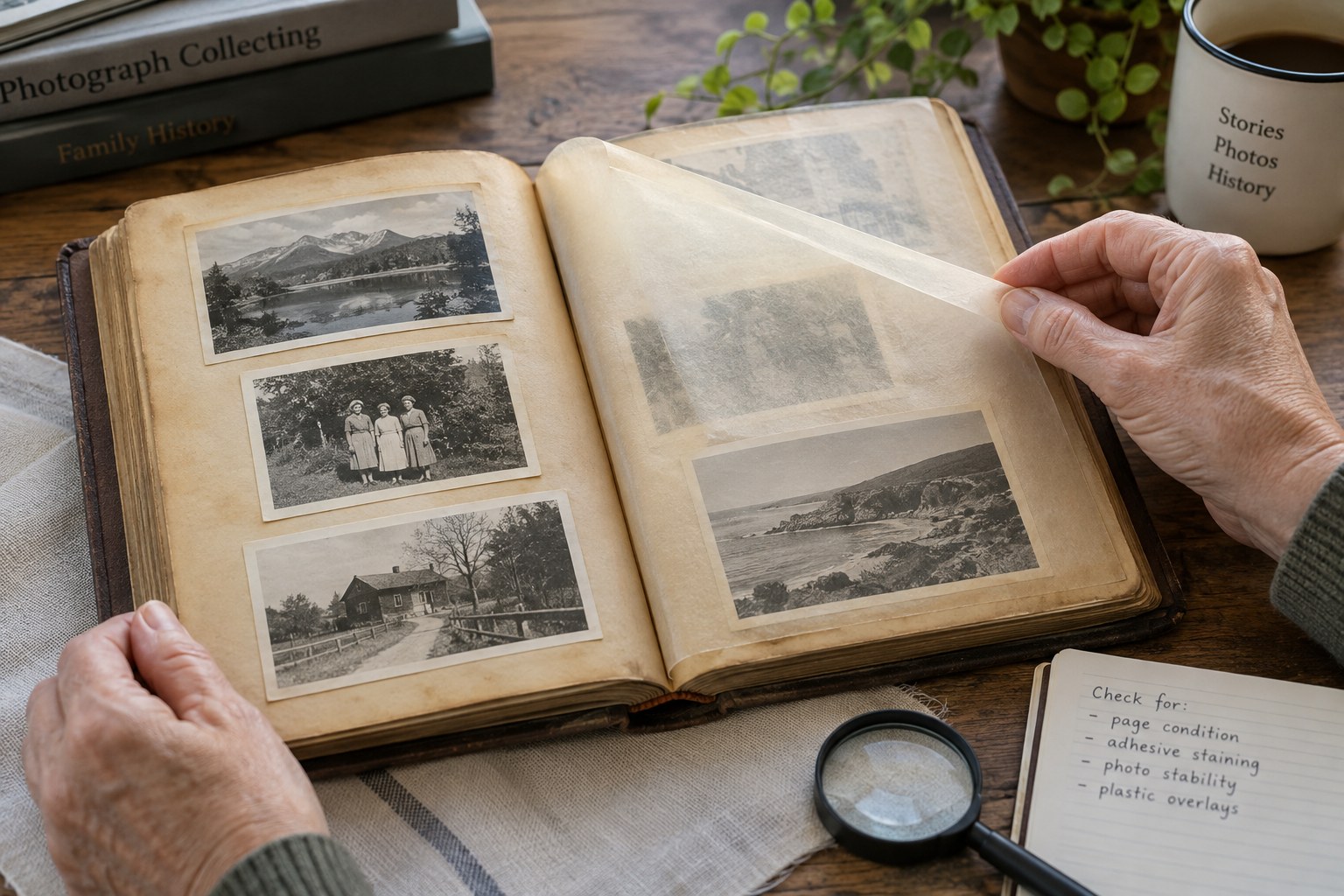 Old adhesive photo album with yellowed page, clear overlay lifted, photos left in place