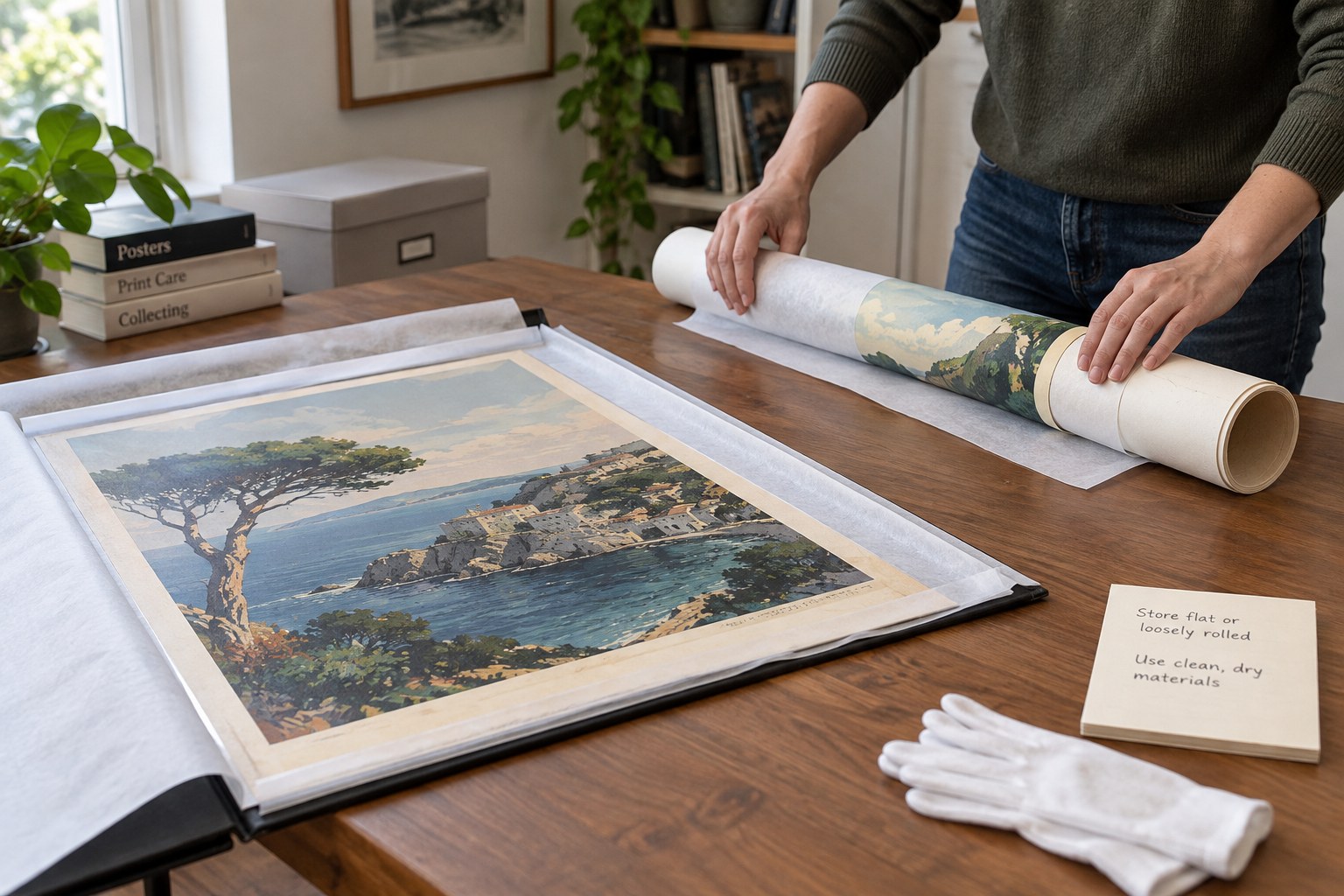 One poster flat in folder, another loosely rolled around wide tube with interleaf