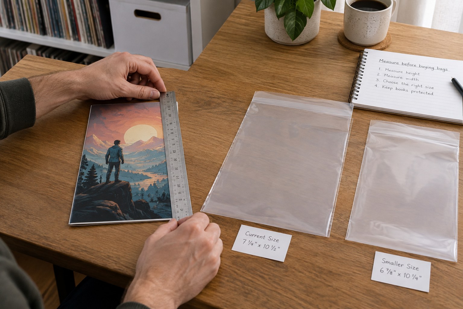 Generic comic book beside ruler and two clear bags of different sizes