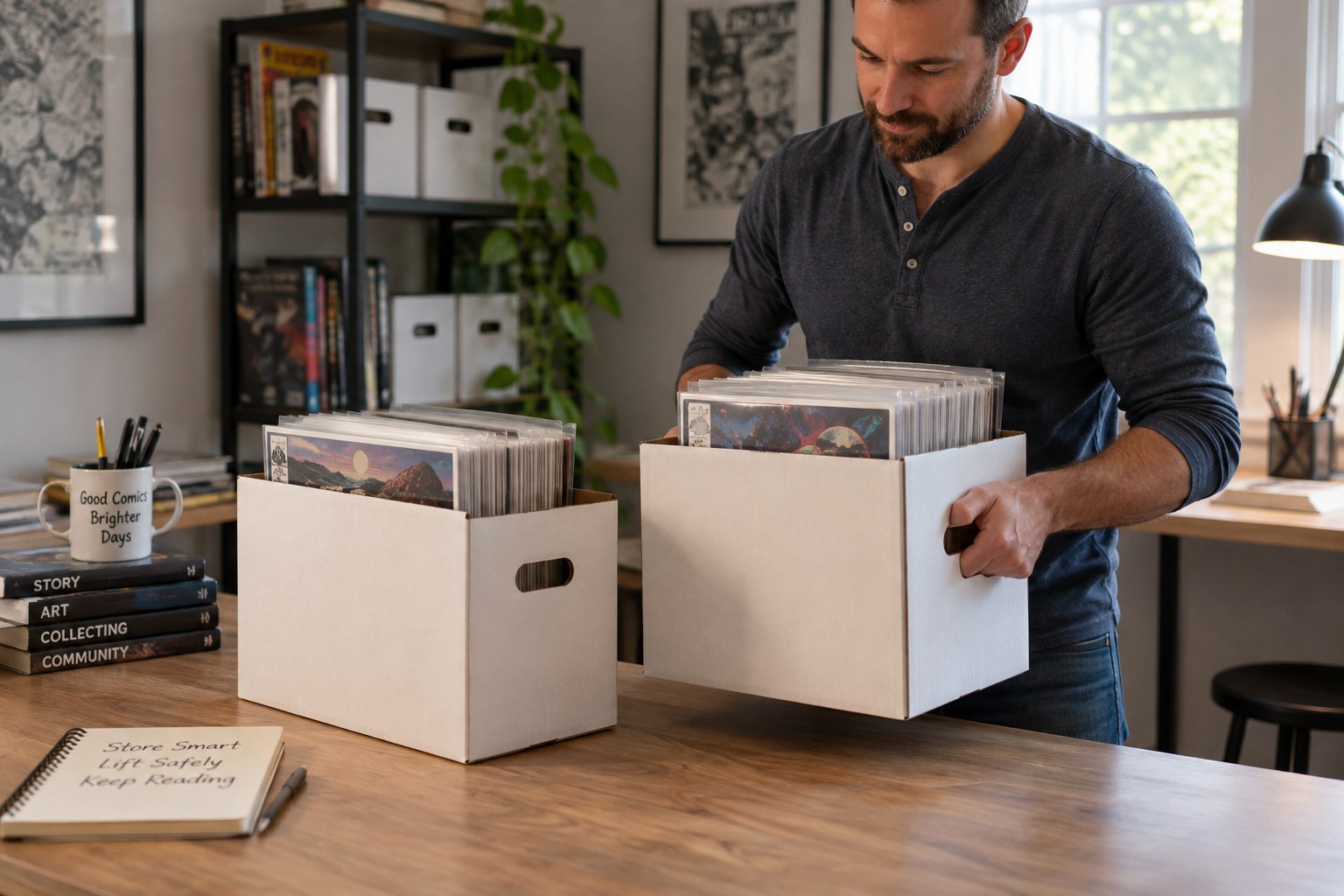 Two small comic storage boxes with handles and upright bagged comics