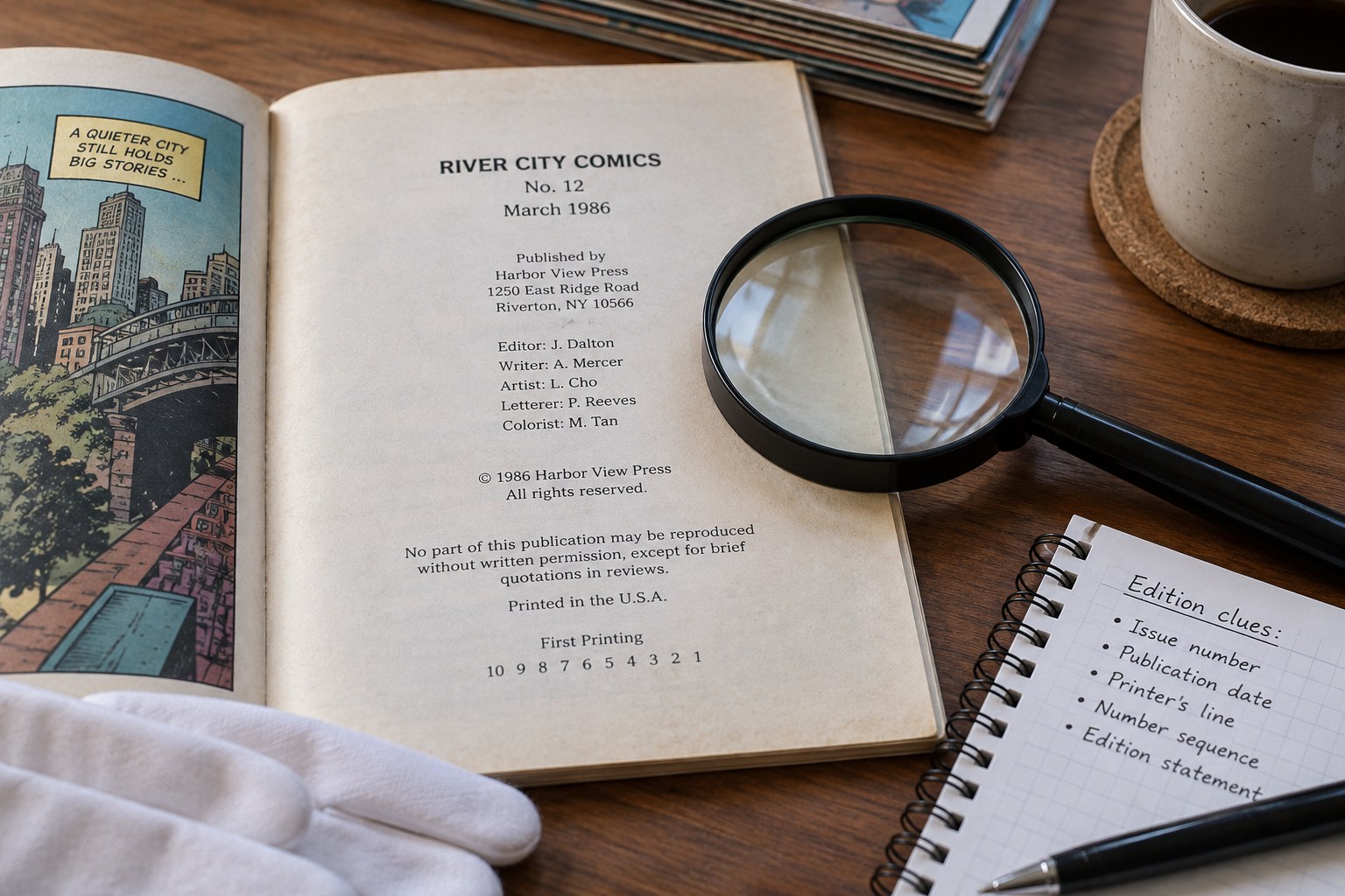 Open generic comic publication details beside magnifier, no famous characters