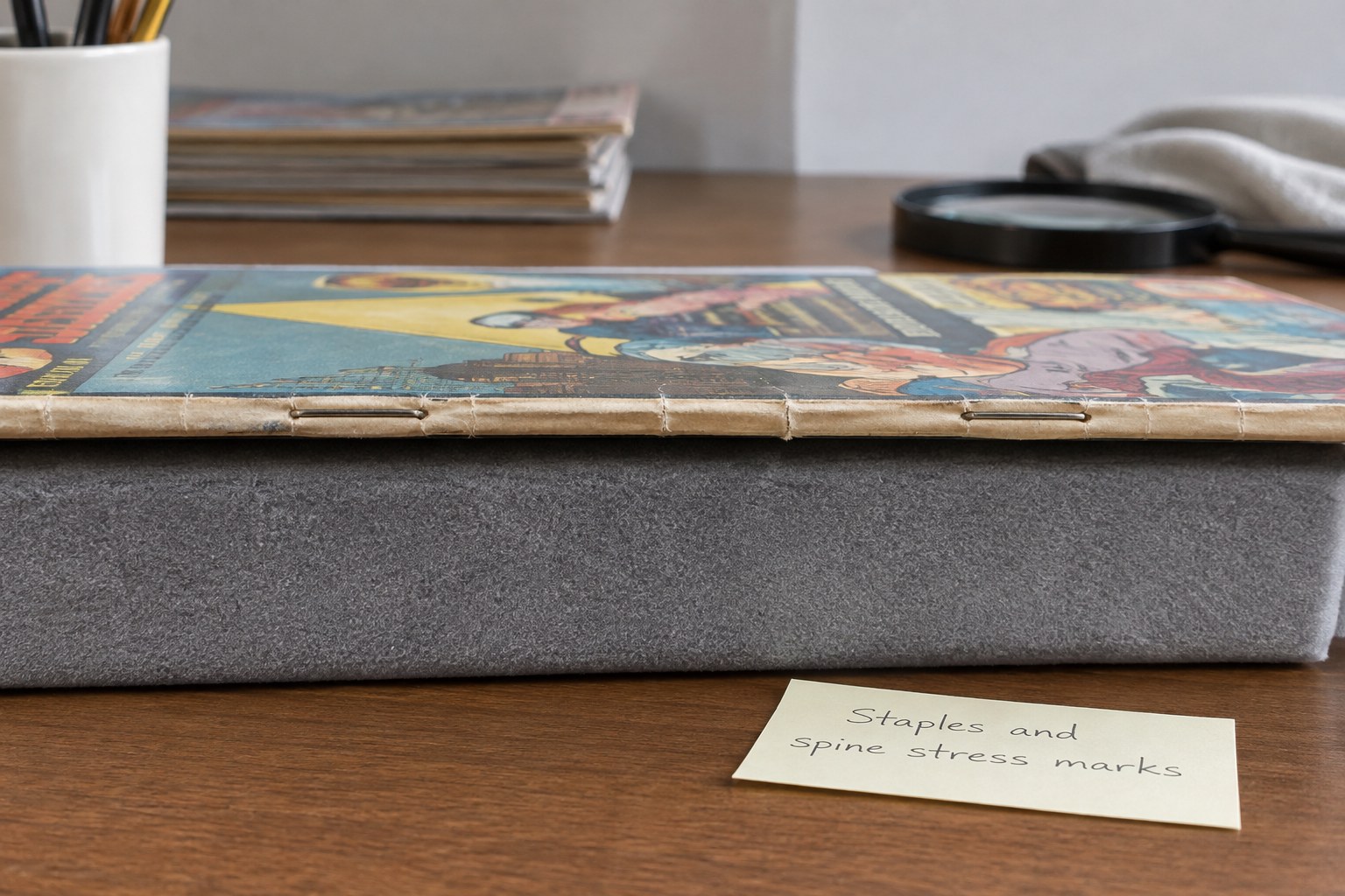 Macro generic comic spine staples and stress marks on supported surface