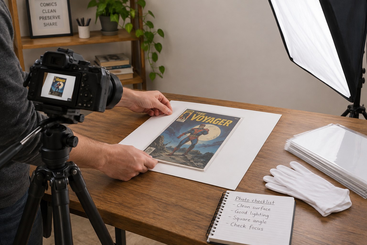 Generic comic on photo background with tripod camera and side diffuser