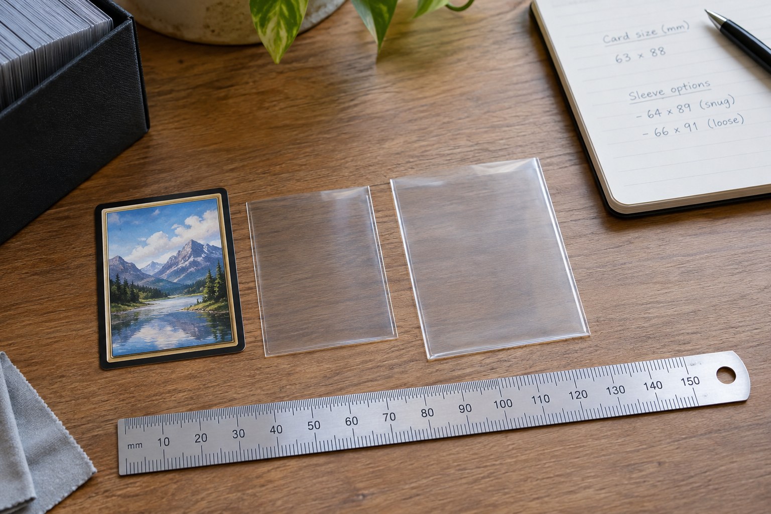 Small unbranded trading card beside two clear sleeves and millimetre ruler