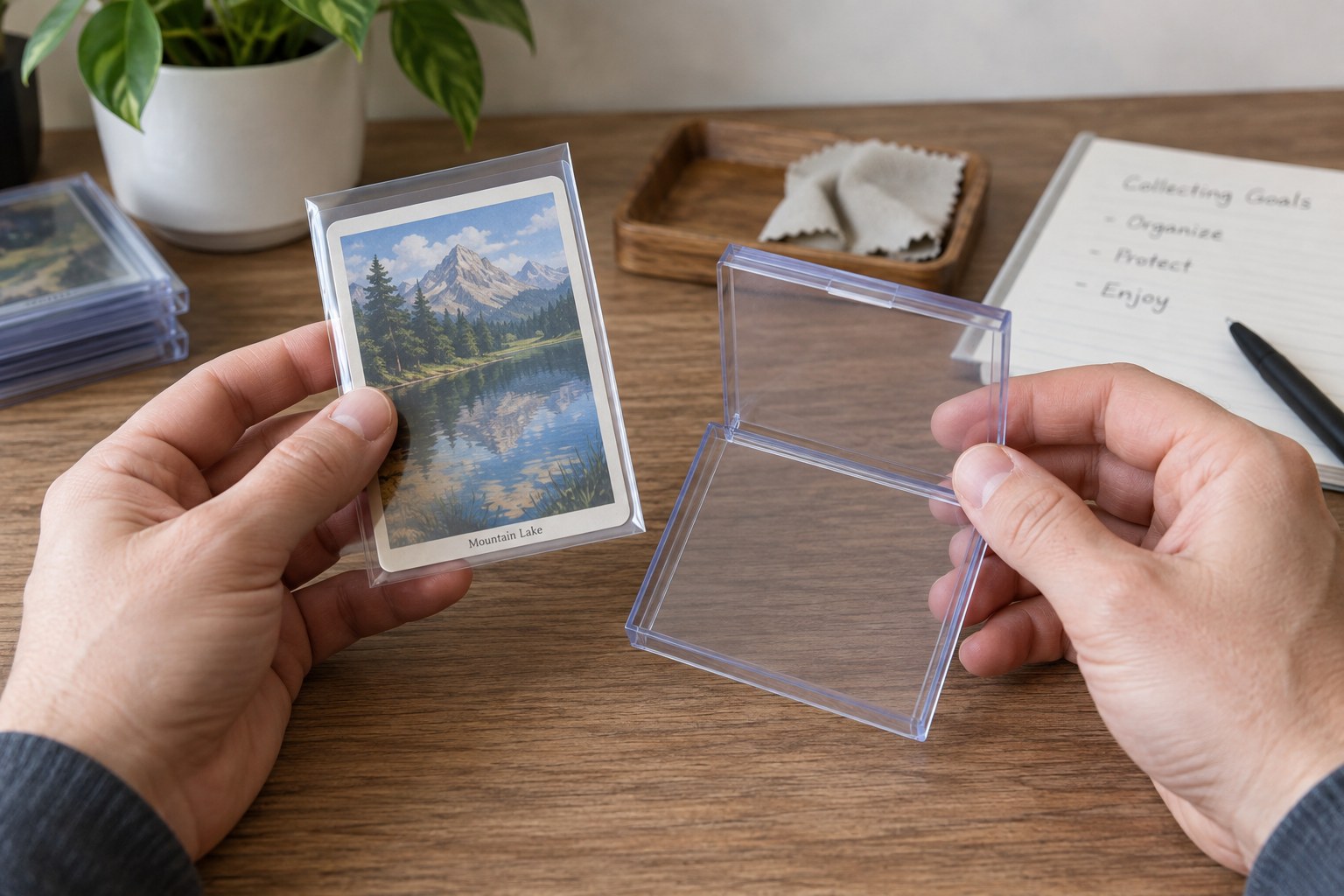 Trading card in thin sleeve beside open rigid holder with visible clearance