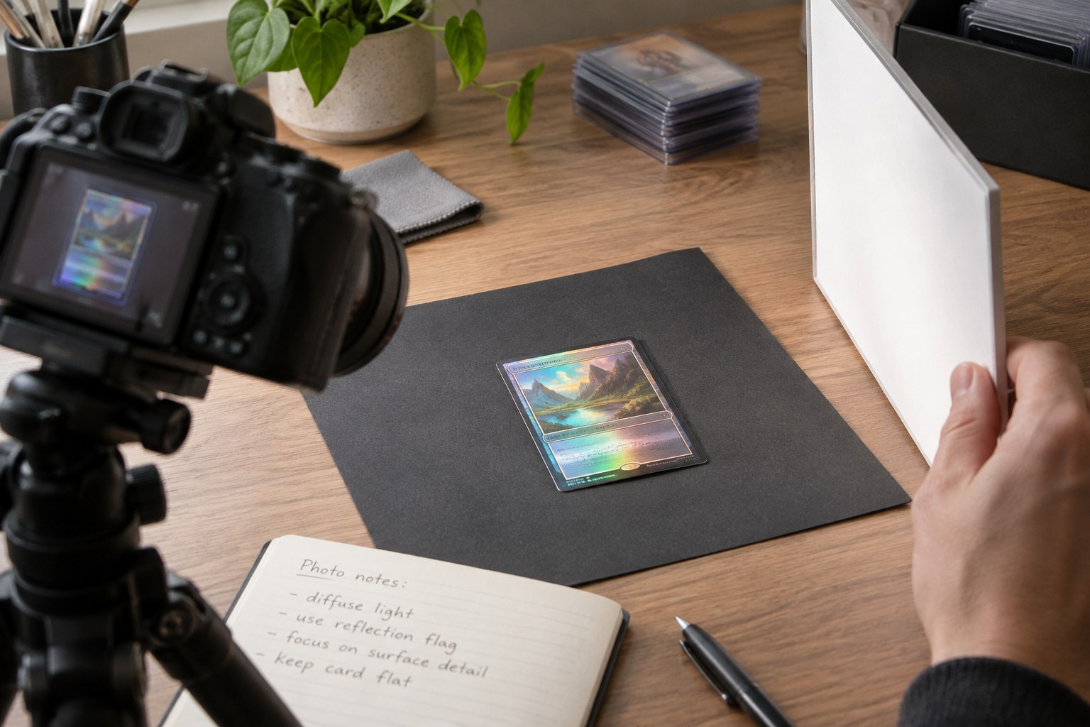 Holographic generic trading card on matte support with soft light and reflection flag