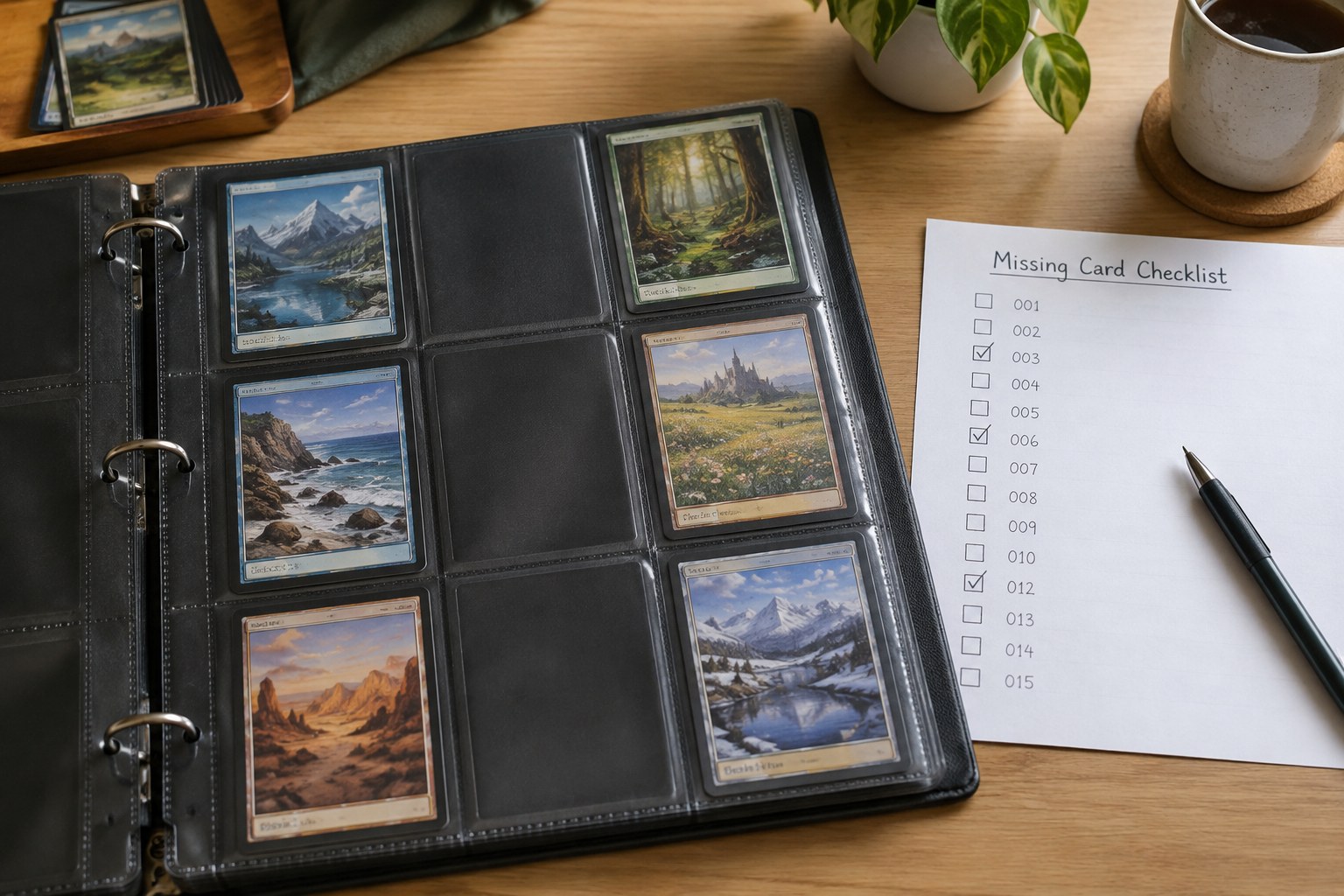 Card binder with empty pockets between filled ones beside missing-card checklist