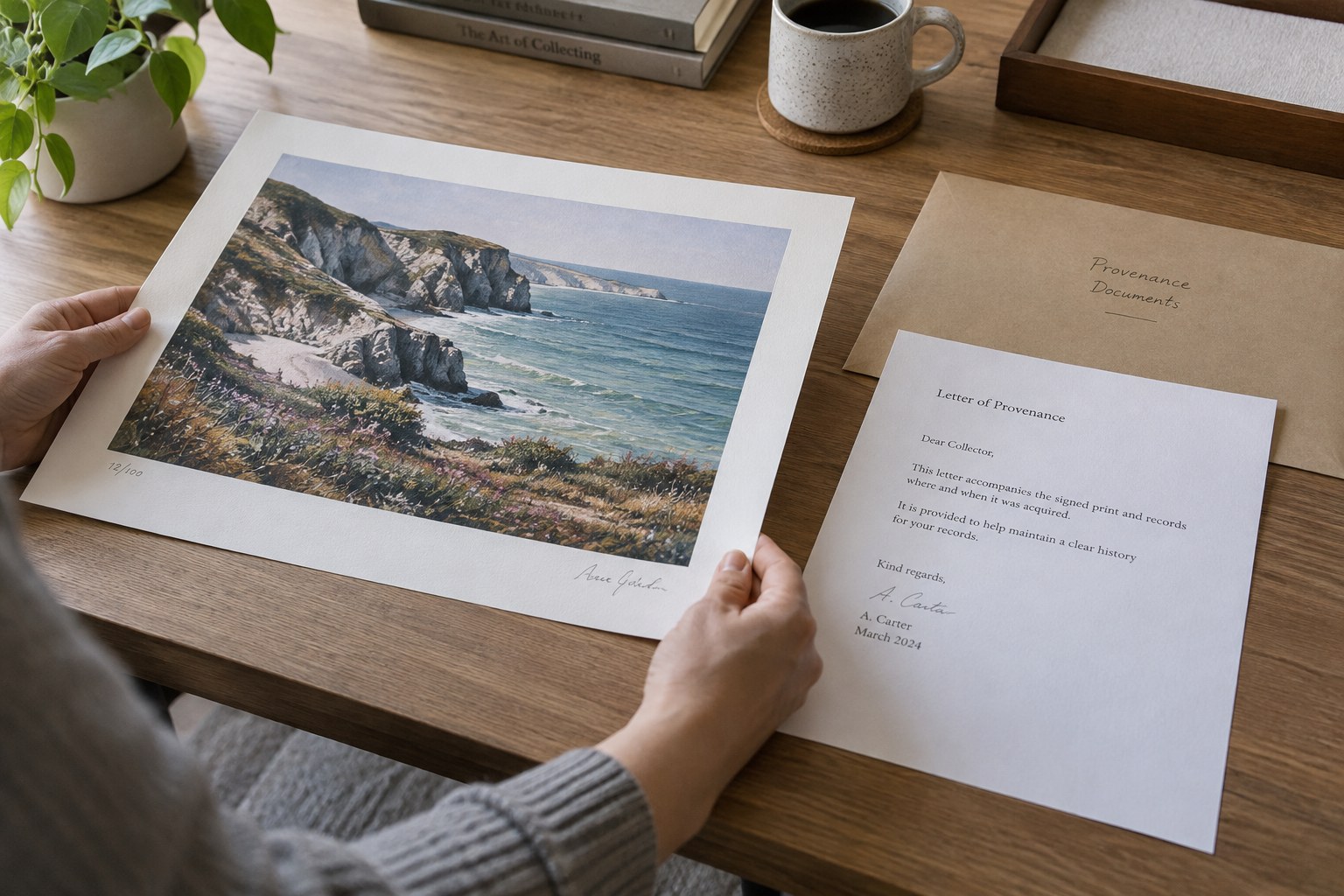 Signed generic art print alongside separate provenance letter and envelope