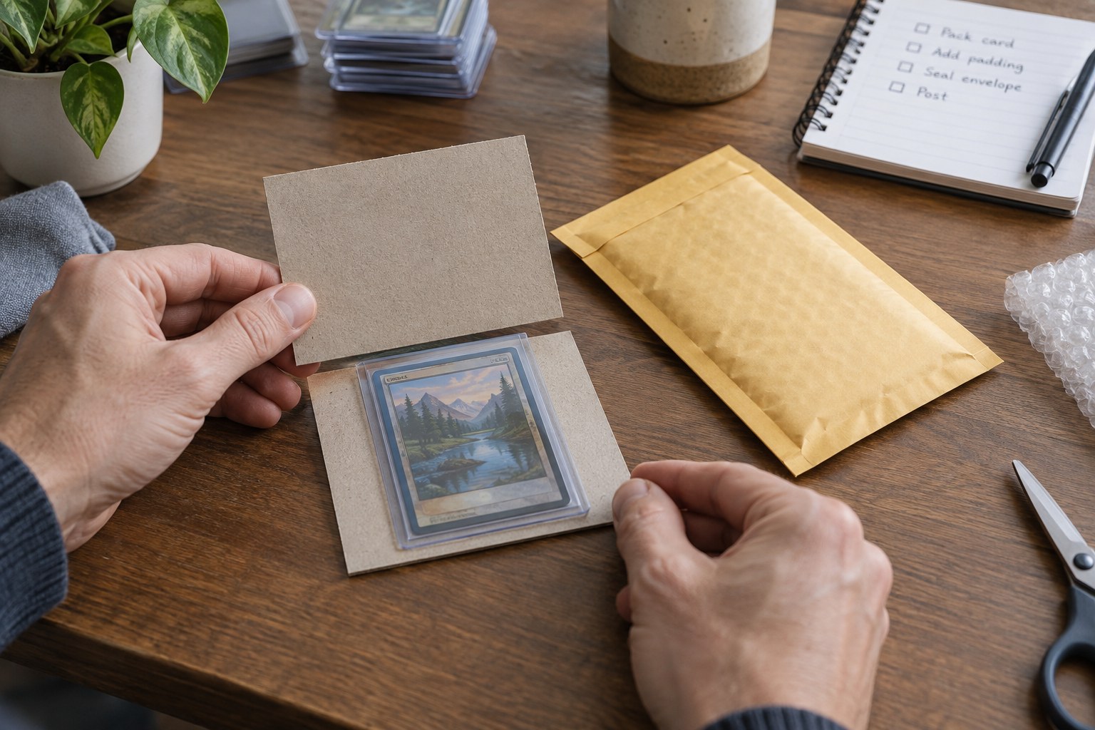 Sleeved card between rigid cardboard sheets beside small padded envelope