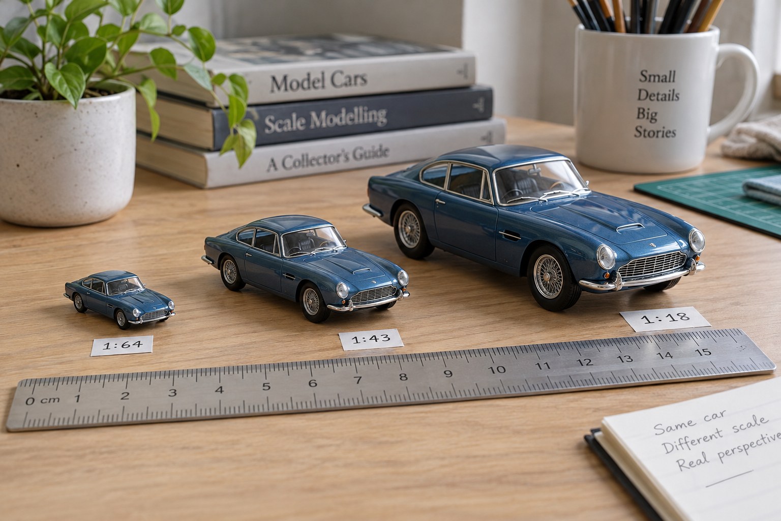 Three model cars of same design in different scales along ruler