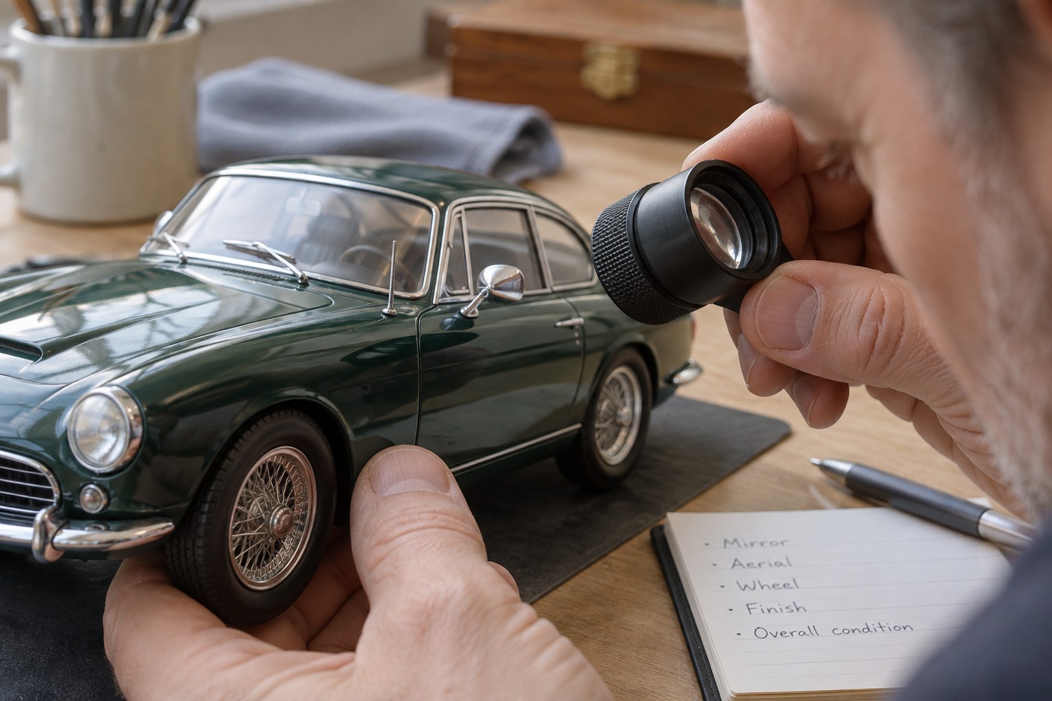 Macro model-car mirror, aerial and wheel inspected with loupe