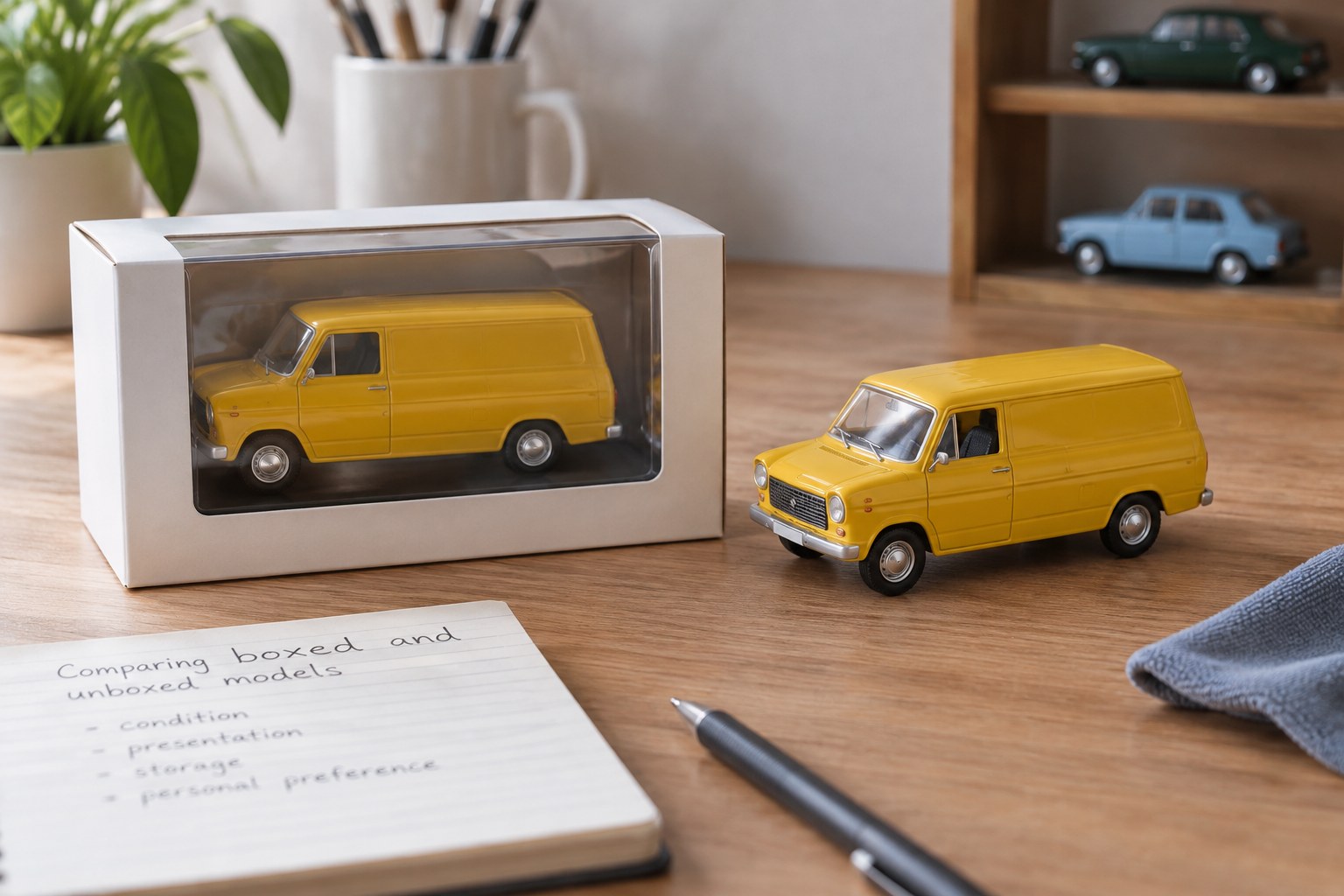 Yellow miniature van in plain window box beside loose matching van