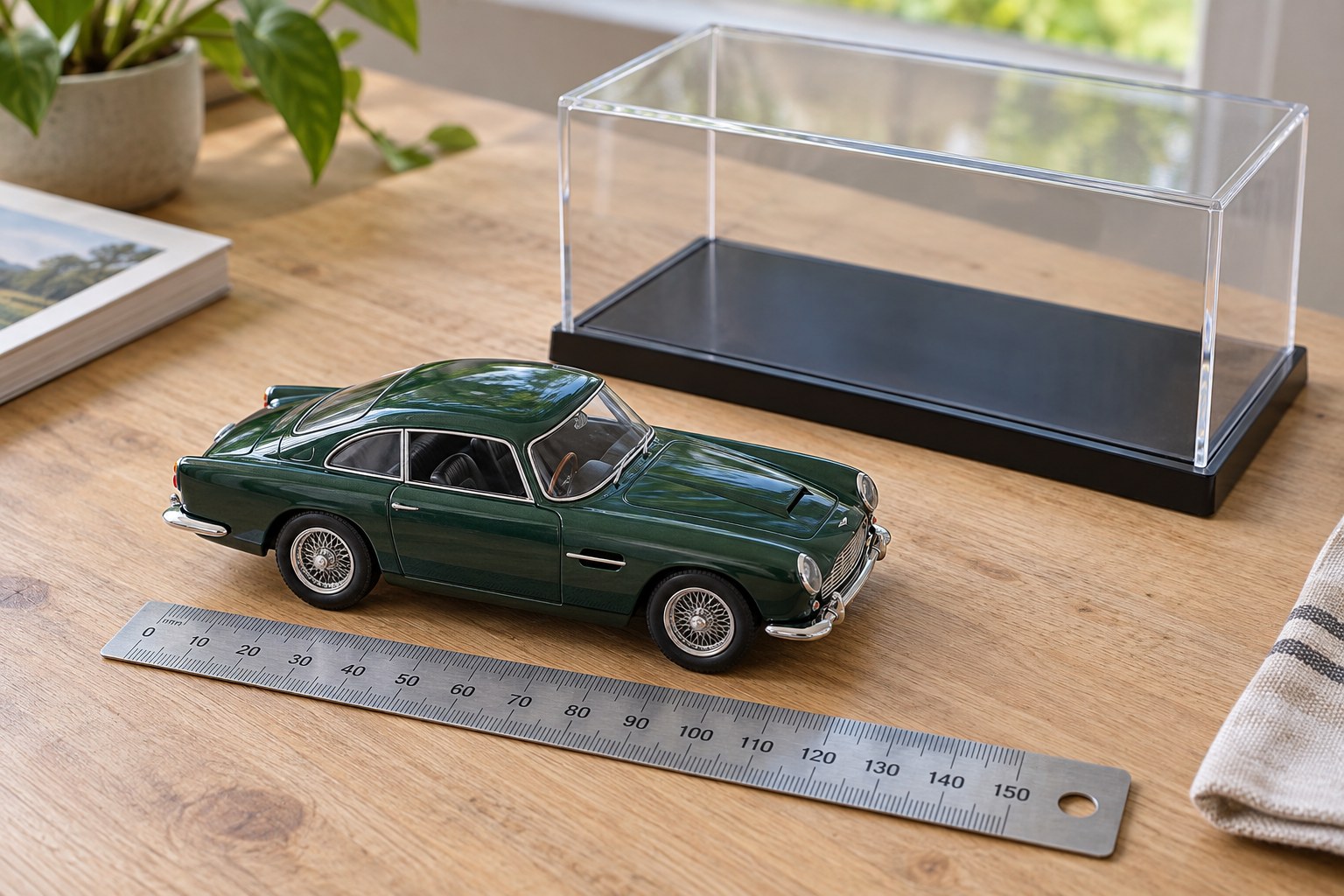 Green model car beside a metric ruler and an empty clear display case