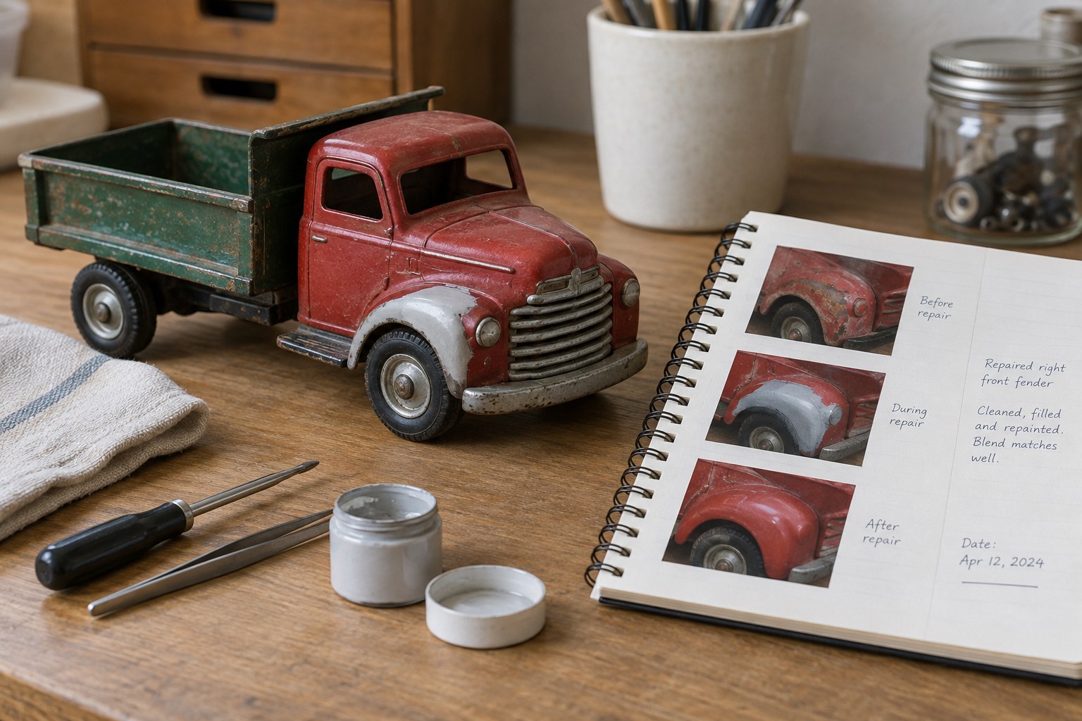 Vintage toy truck with repaired fender beside detail photographs