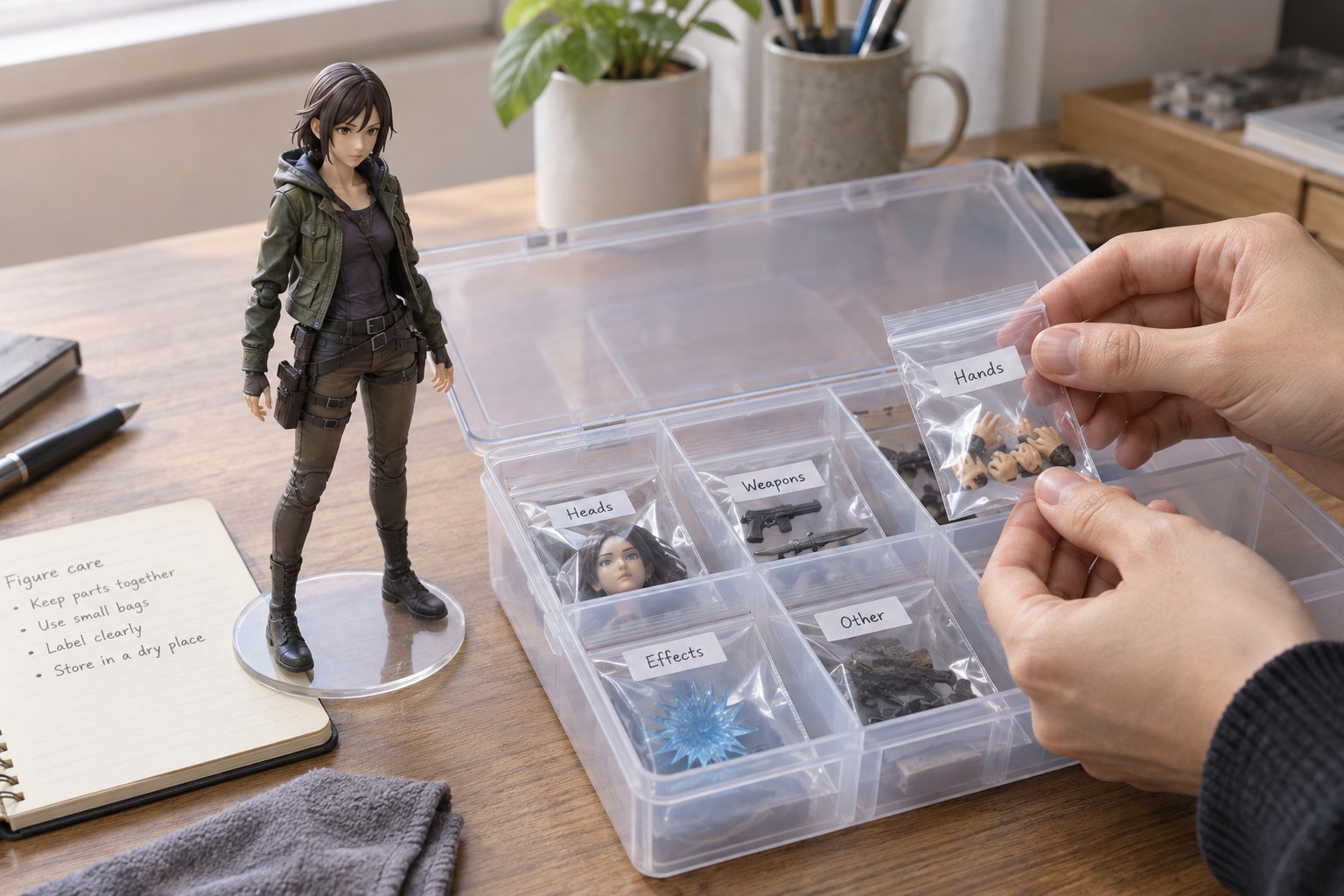 Tiny figure accessories in separate bags in compartments beside matching figure