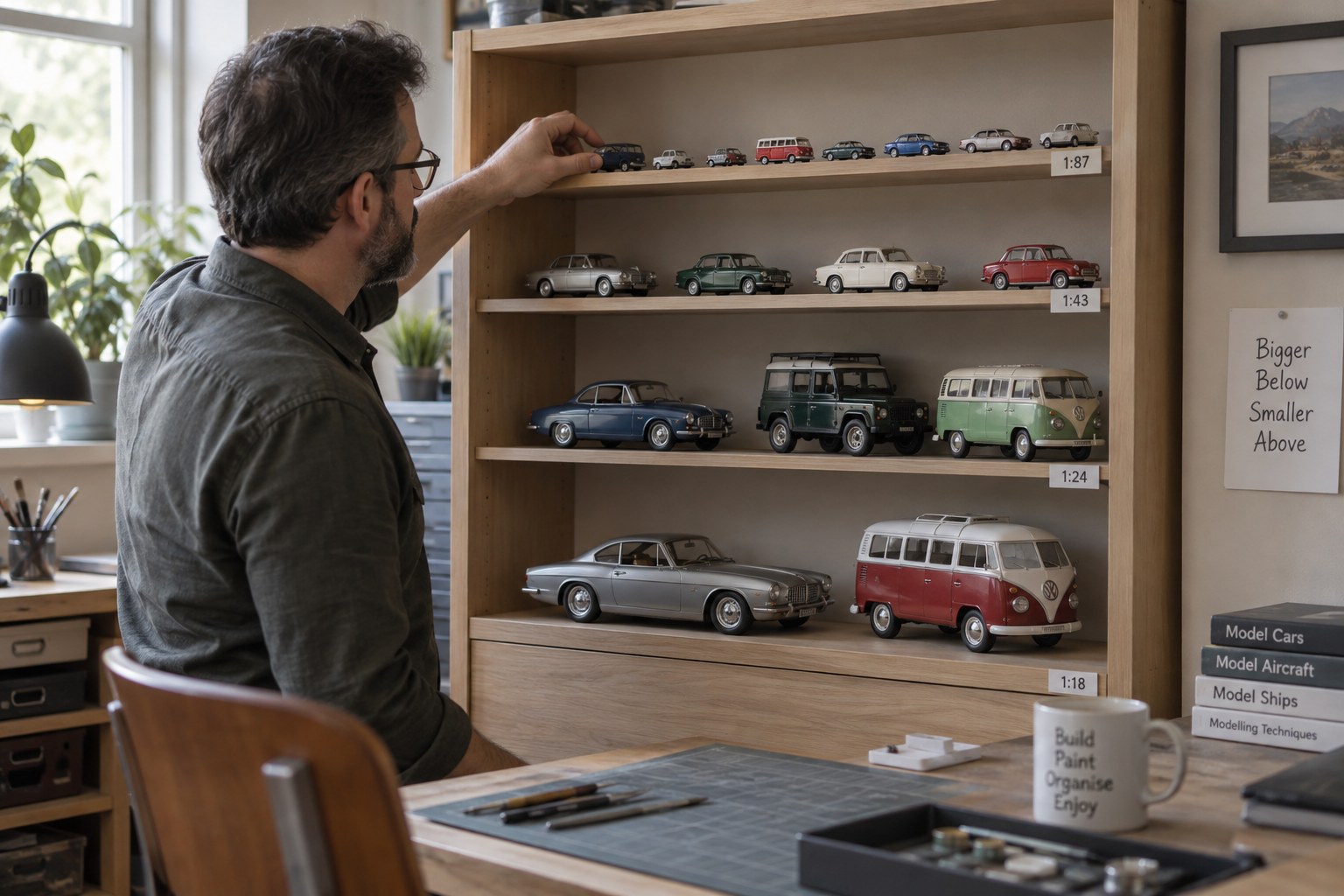 Models sorted by scale on cabinet shelves, large below and smaller above