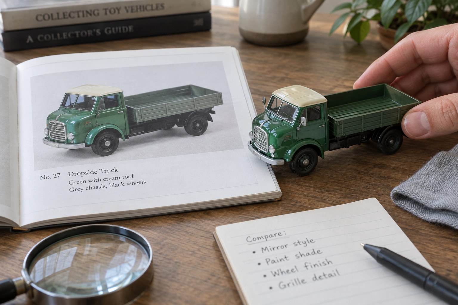 Model truck beside printed catalogue image with visible mirror and paint differences