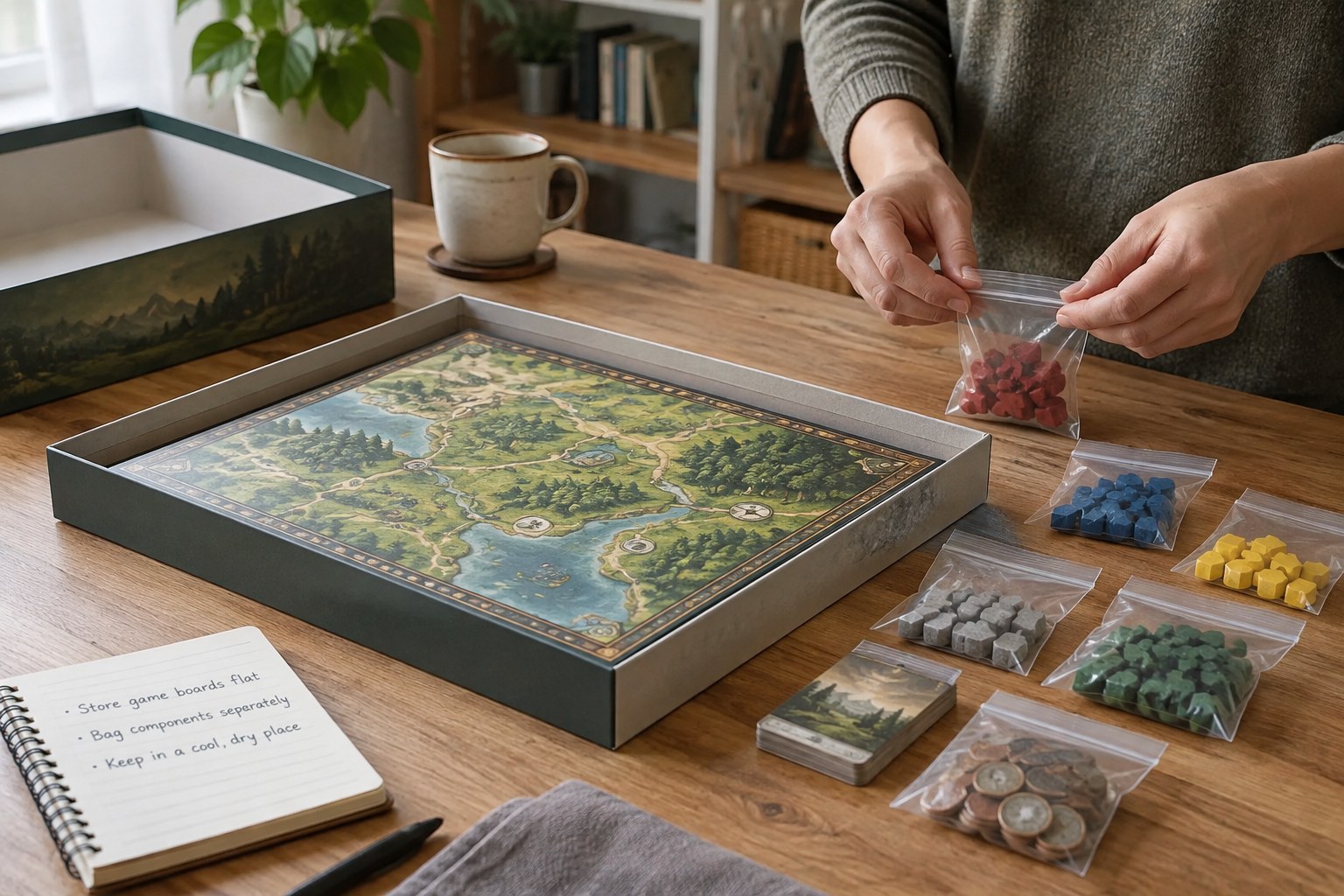 Flat game board in shallow box, small components separately bagged