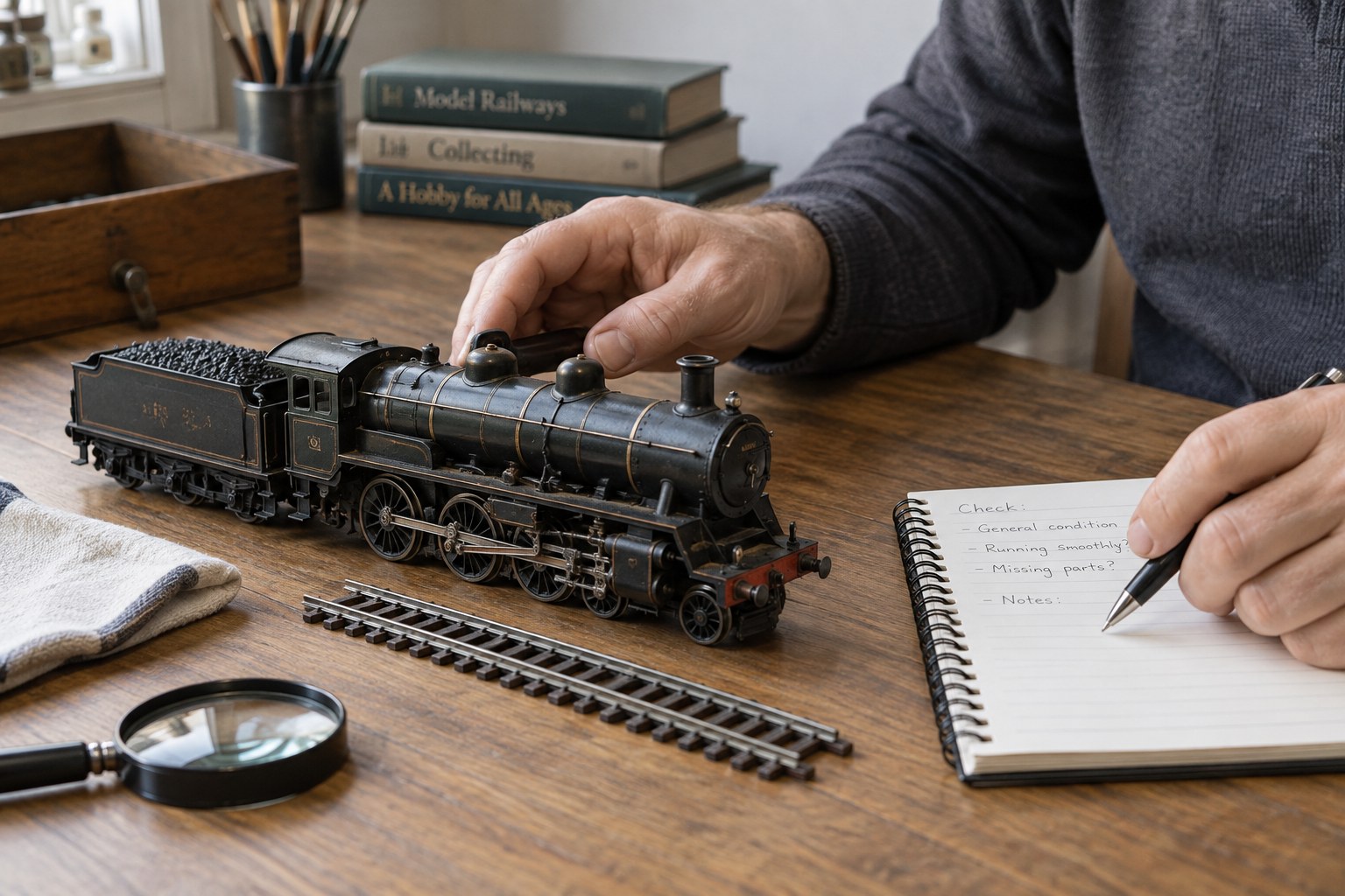 Vintage model steam locomotive beside short track and inspection notebook