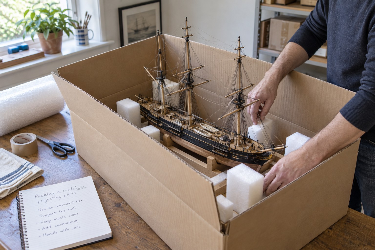 Model sailing ship packed with hull supports in oversized box leaving masts clear