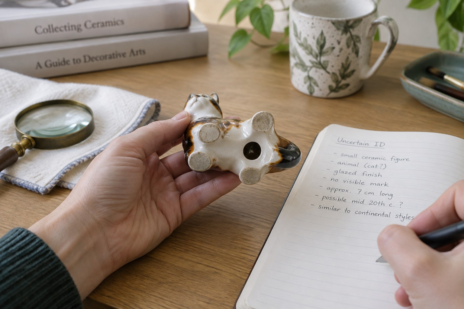 Small unbranded ceramic animal with underside visible beside uncertain identification notes