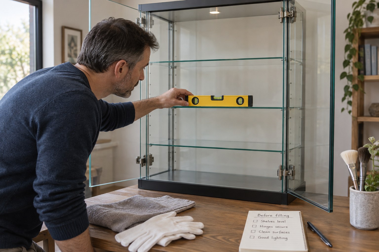 Empty glass display cabinet with hinges, clean shelves and spirit level