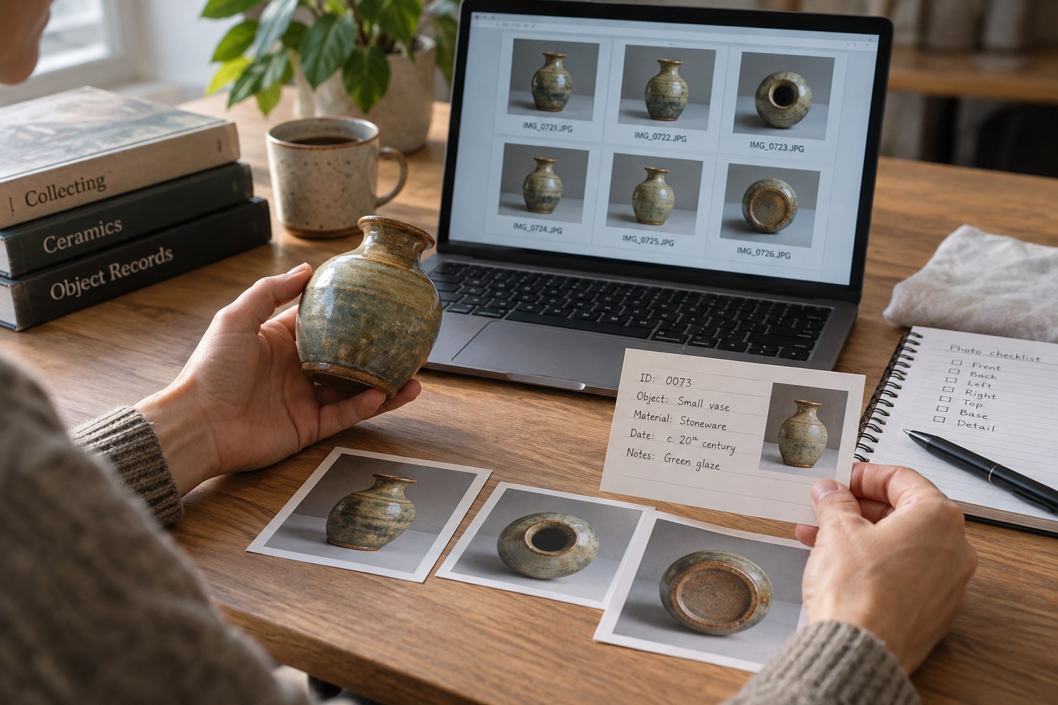 Laptop image-file grid beside printed object photos and matching ID cards