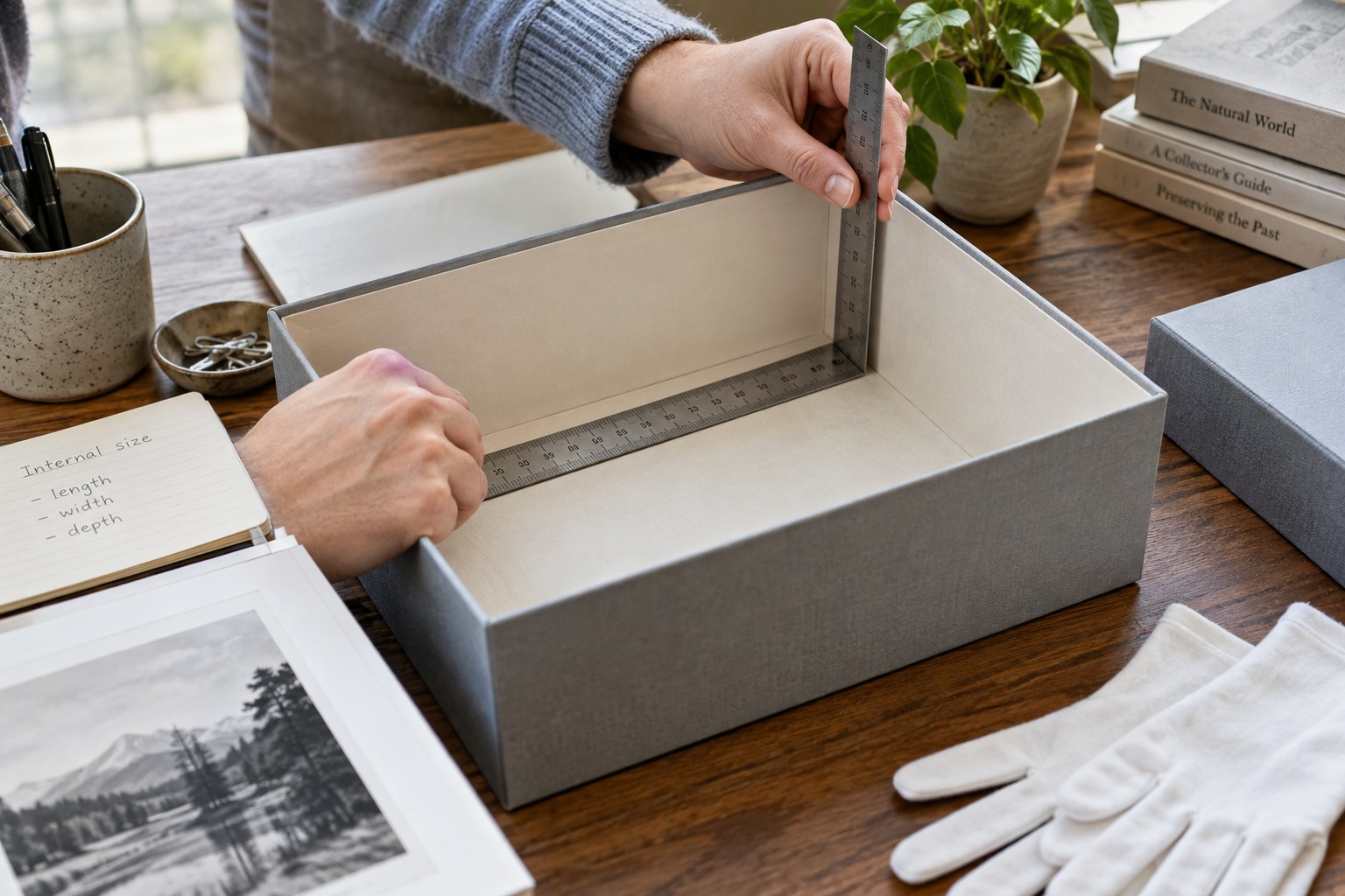 Rulers along inside bottom and depth of empty archival box