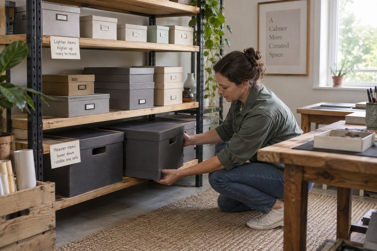 Shelf with heavy boxes low and lighter small boxes above, accessible handles
