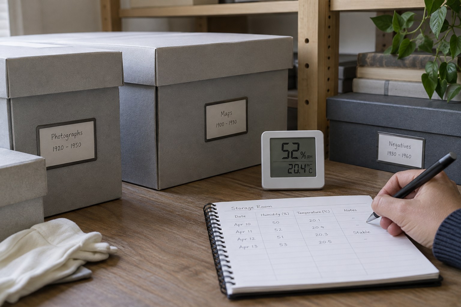 Digital humidity monitor beside archival boxes with reading notebook